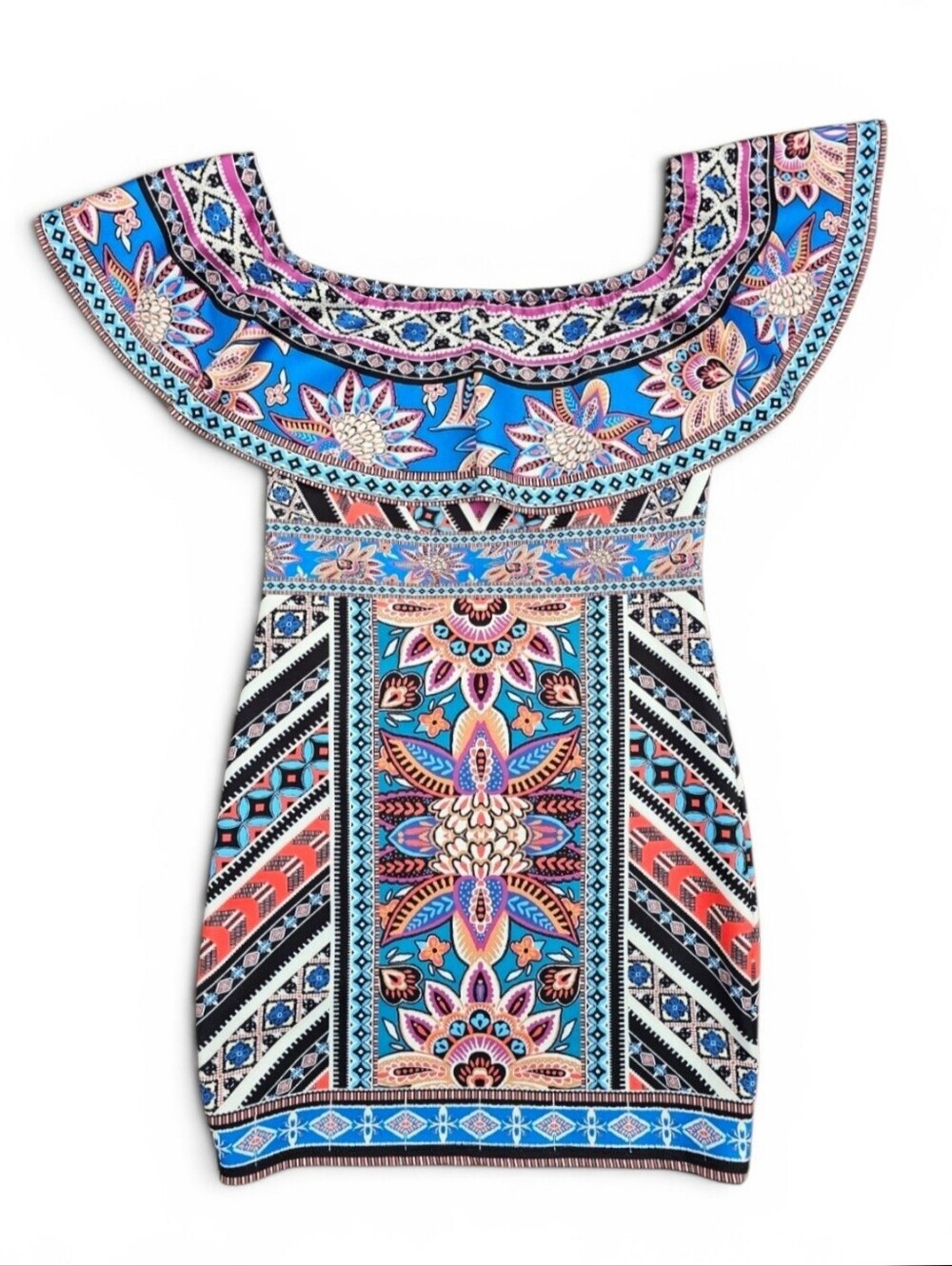 Jealous Tomato Boho Off Shoulder Bodycon Tribal Floral Print Mini Dress, Size M